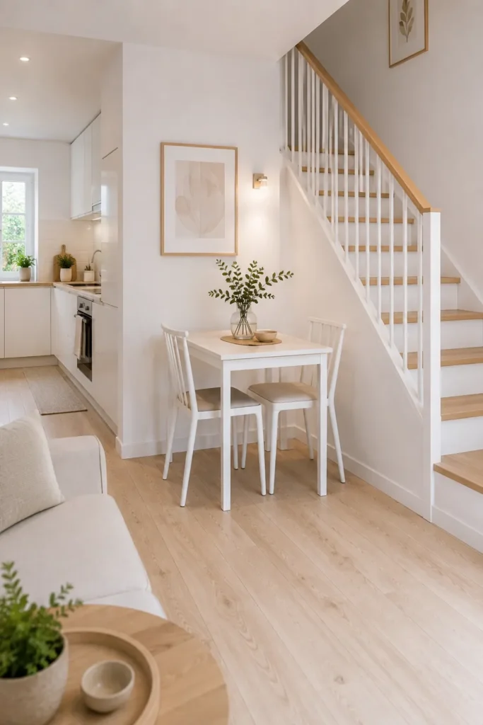 Small Dining Room Ideas for Apartments That Make Every Corner Count 19 Small apartment dining area beside stairs with a movable white table, slim chairs, pale wood flooring, and open walkway.