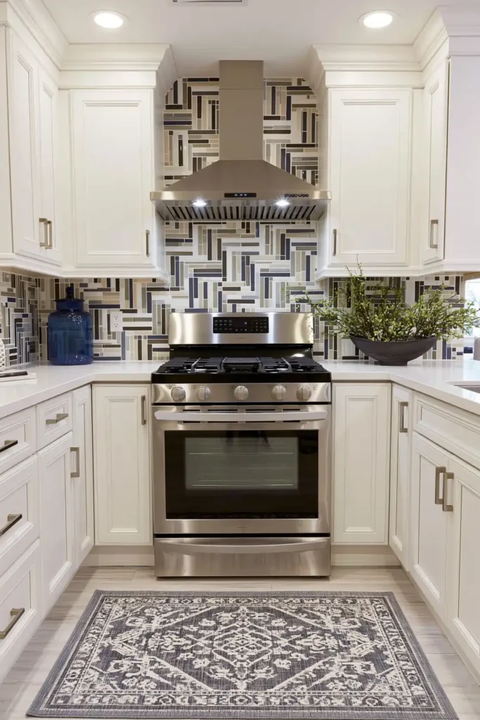 Small multicolored rectangular backsplash tiles in pale gray, white, beige, and muted blue-gray in a white kitchen.