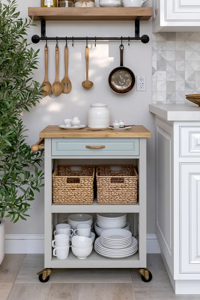 18 Kitchen Island Decor Ideas for Every Layout 3 Gray multi-functional kitchen cart with open shelves, woven baskets, stacked dishes, hanging utensils, and a pale wood top.