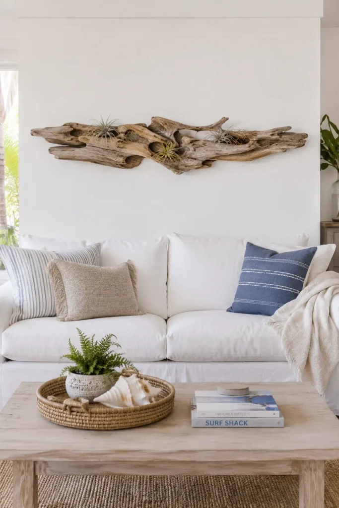 23 Living Room Wall Decor Ideas Above the Couch for a Stylish Sofa Wall 24 White sofa with a horizontal driftwood sculpture and air plants mounted above it