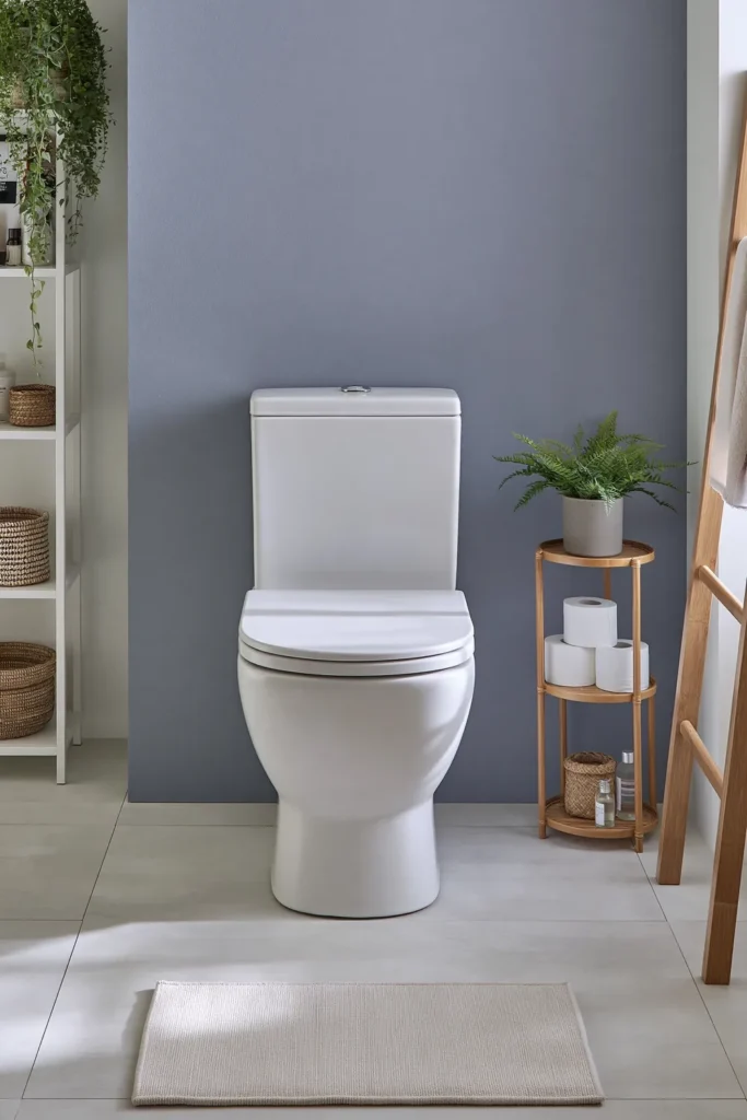 Bright small bathroom with a pale aqua wall, white toilet, open shelving, plants and soft natural light.