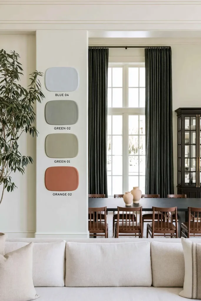 7 Modern Farmhouse Living Room Decor Ideas for a Warm, Relaxed Space 3 Modern farmhouse living and dining area with a light sofa, dark wood table, wooden chairs, green curtains, leafy plant, and earthy colour swatches.