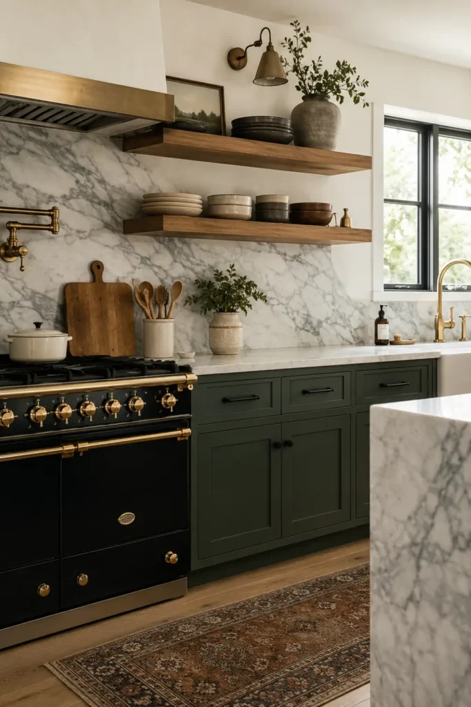 Modern Farmhouse Kitchen Decor Ideas for a Warm and Practical Home 3 Modern farmhouse kitchen with dark green cabinets, marble backsplash, open wood shelves, brass faucet, and patterned rug.