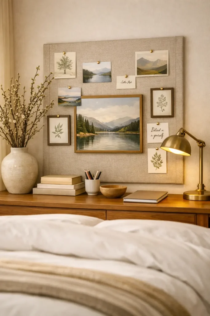 30 Master Bedroom Wall Decor Ideas for a More Personal Space 30 Neutral fabric pinboard with landscape images, quotations, and a botanical card above a wooden bedroom desk.