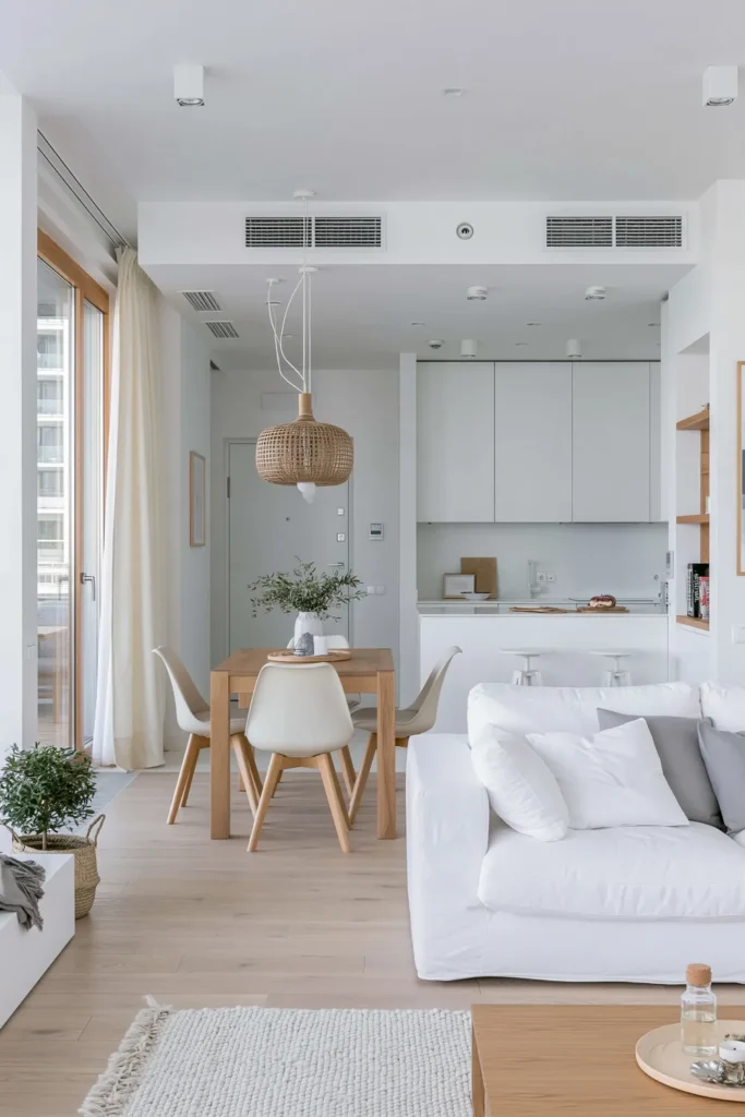 Small Dining Room Ideas for Apartments That Make Every Corner Count 10 Neutral small apartment dining room with a light wood table, cream chairs, white walls, pale wood flooring, and clean modern decor.