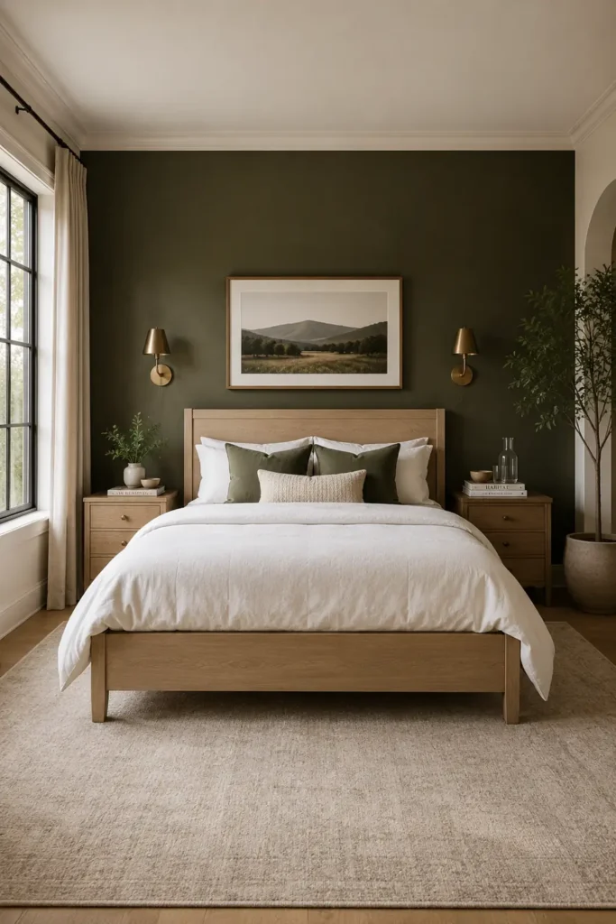 30 Master Bedroom Wall Decor Ideas for a More Personal Space 18 Deep olive-green bedroom accent wall with framed landscape art, brass sconces, and a pale wood bed.