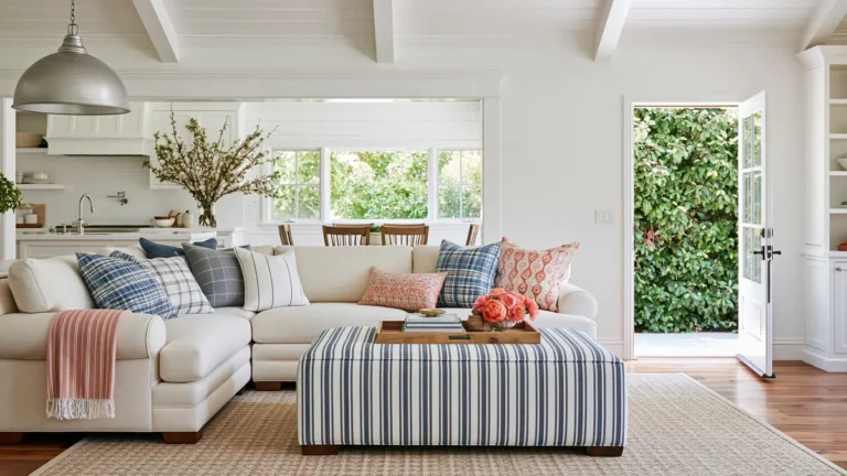 15 Open Concept Living Room Ideas for a Well-Integrated, Comfortable Space 6 Bright open concept living room with a cream sectional, striped ottoman, white kitchen, exposed ceiling rafters, and an open door facing green foliage.