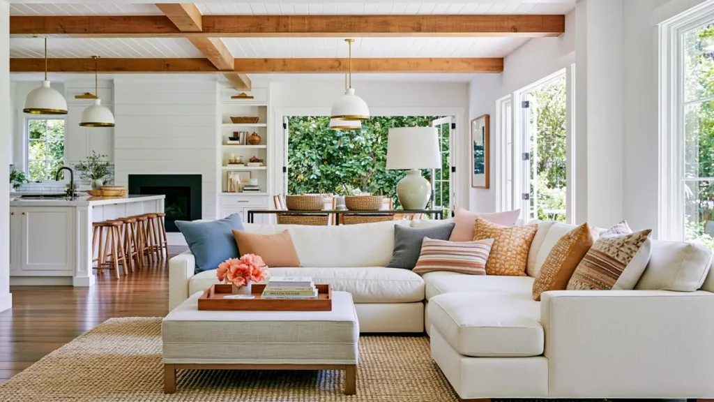 Warm open concept living room with a cream sectional, wooden beams, white kitchen, woven storage, coordinated lighting, and garden views.
