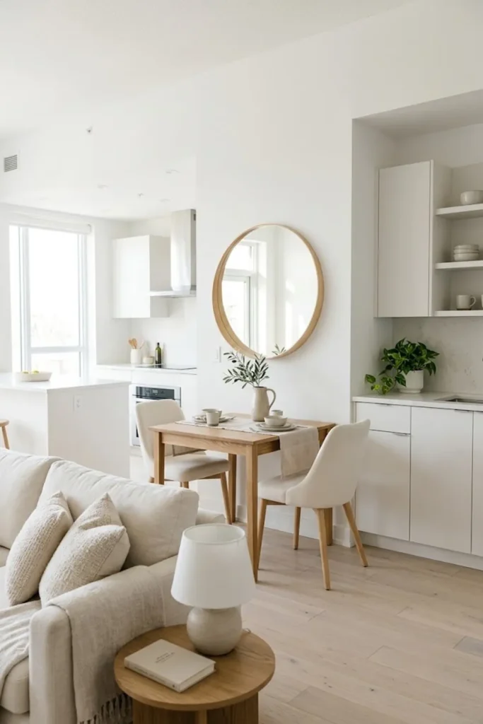 Small Dining Room Ideas for Apartments That Make Every Corner Count 21 Open-concept small apartment dining area with a light wood table, cream chairs, large wall mirror, white kitchen, and pale wood flooring.