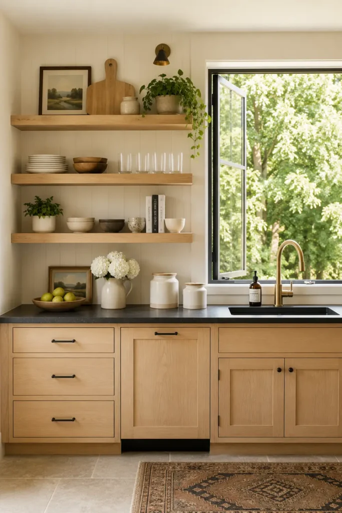 Modern Farmhouse Kitchen Decor Ideas for a Warm and Practical Home 7 Modern farmhouse kitchen with open wood shelves, stacked plates, books, brass faucet, black sink, and greenery outside.