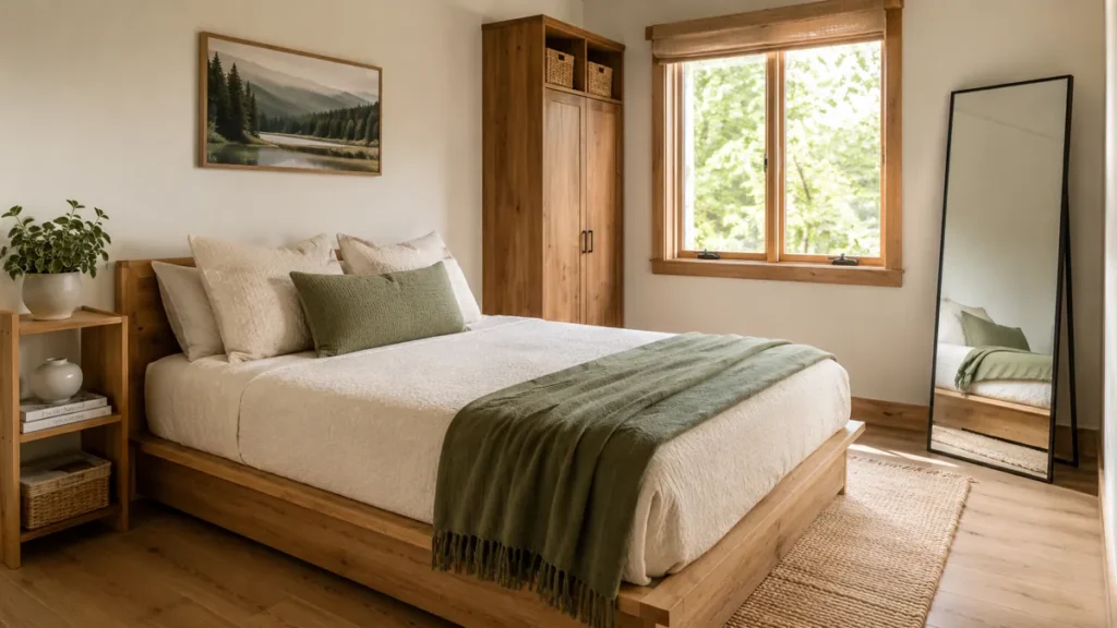 6 Small Bedroom Decorating Ideas to Utilize Space 8 Organized small bedroom with cream bedding, sage-green accents, under-bed drawers, a tall mirror, and warm wood storage.
Small Bedroom Decorating Ideas to Maximize Space