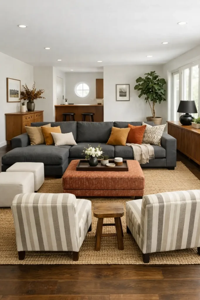 7 Modern Farmhouse Living Room Decor Ideas for a Warm, Relaxed Space 4 Oversized tan woven rug anchoring a modern farmhouse seating area with a charcoal sectional, striped armchairs, ottomans, and warm wood furniture.