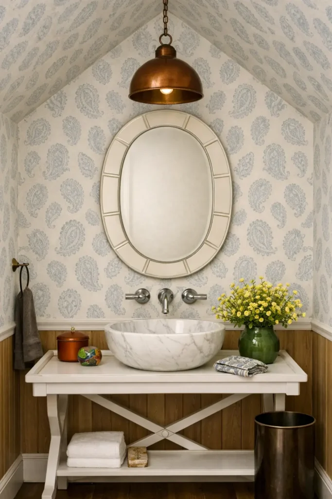 30 Modern Farmhouse Bathroom Decor Ideas for a Warm, Updated Space 21 Decorative farmhouse powder room with paisley wallpaper, a marble vessel sink, oval mirror, and copper pendant light.