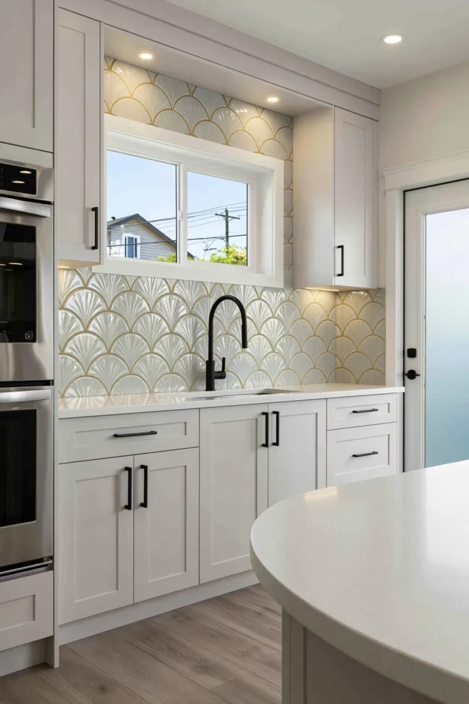 Glossy pale gray fan-shaped backsplash tile in a modern kitchen with gray cabinets and a black faucet.