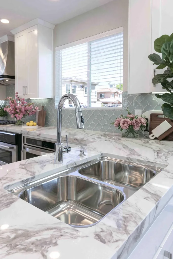 Pale gray scallop tile backsplash behind a stainless-steel sink in a bright white kitchen.