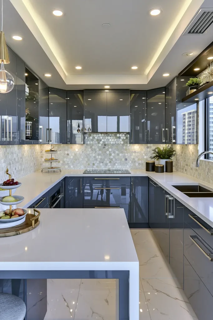Very pale penny round tile backsplash with muted blue-gray cabinets in a clean U-shaped kitchen.