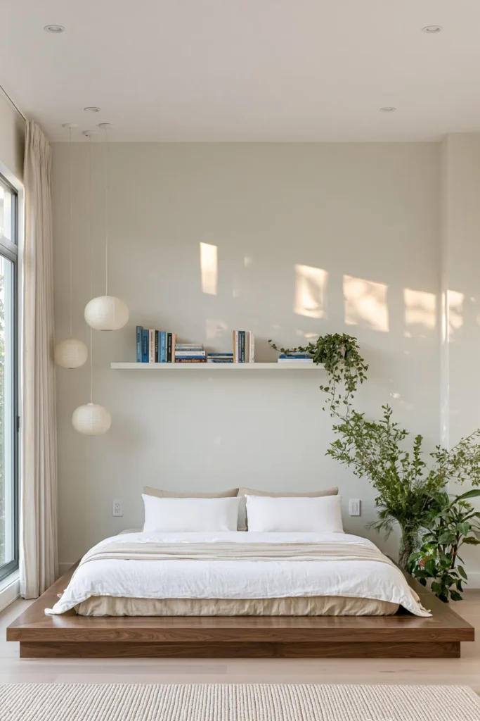 24 Bedroom Lighting Ideas for a Comfortable and Stylish Space 8 Bright cream bedroom with three rounded paper lantern pendants above a low wooden bed.