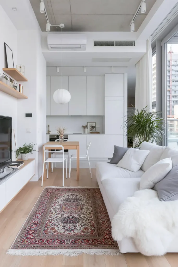 Small Dining Room Ideas for Apartments That Make Every Corner Count 14 Small apartment dining area with a compact light wood table, slim white chairs, and a patterned rug defining the dining zone.