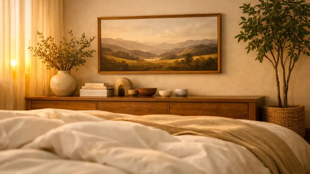30 Master Bedroom Wall Decor Ideas for a More Personal Space 32 Warm master bedroom with rolling-hills artwork above a wooden dresser, leafy branches, books, and a tall indoor tree.