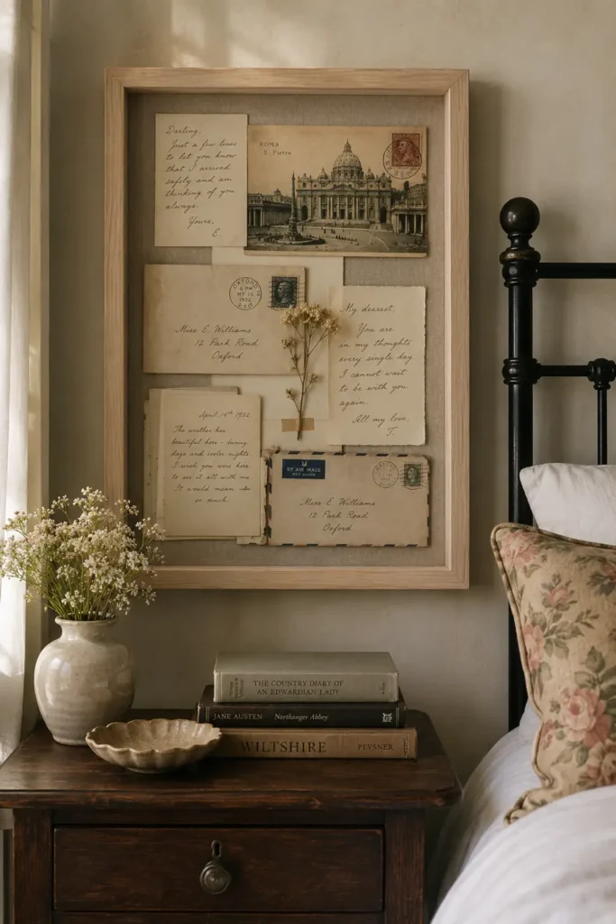 30 Master Bedroom Wall Decor Ideas for a More Personal Space 29 Bedroom shadow-box display with handwritten notes, a vintage postcard, envelopes, postage marks, and a pressed flower.