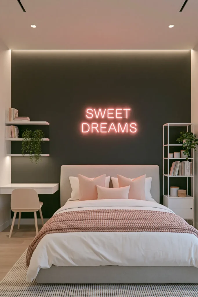 24 Bedroom Lighting Ideas for a Comfortable and Stylish Space 6 Bedroom with a pink “DREAM BIG” neon sign above white bedding and pale pink decor.