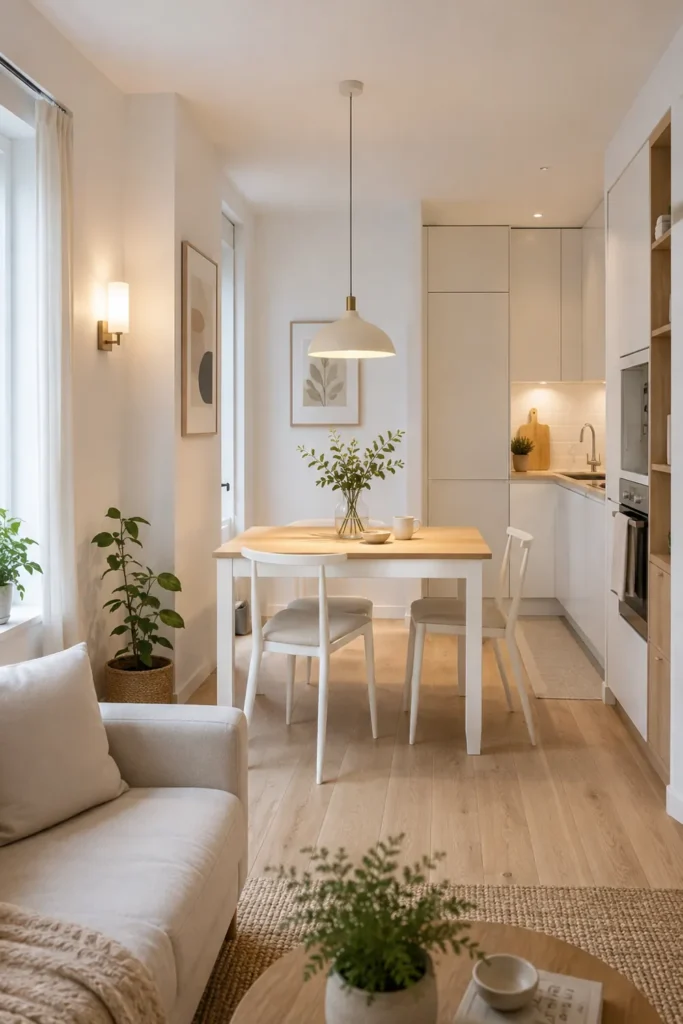 Small Dining Room Ideas for Apartments That Make Every Corner Count 7 Small apartment dining area with a compact table, slim chairs, warm pendant light, white walls, and pale wood flooring.