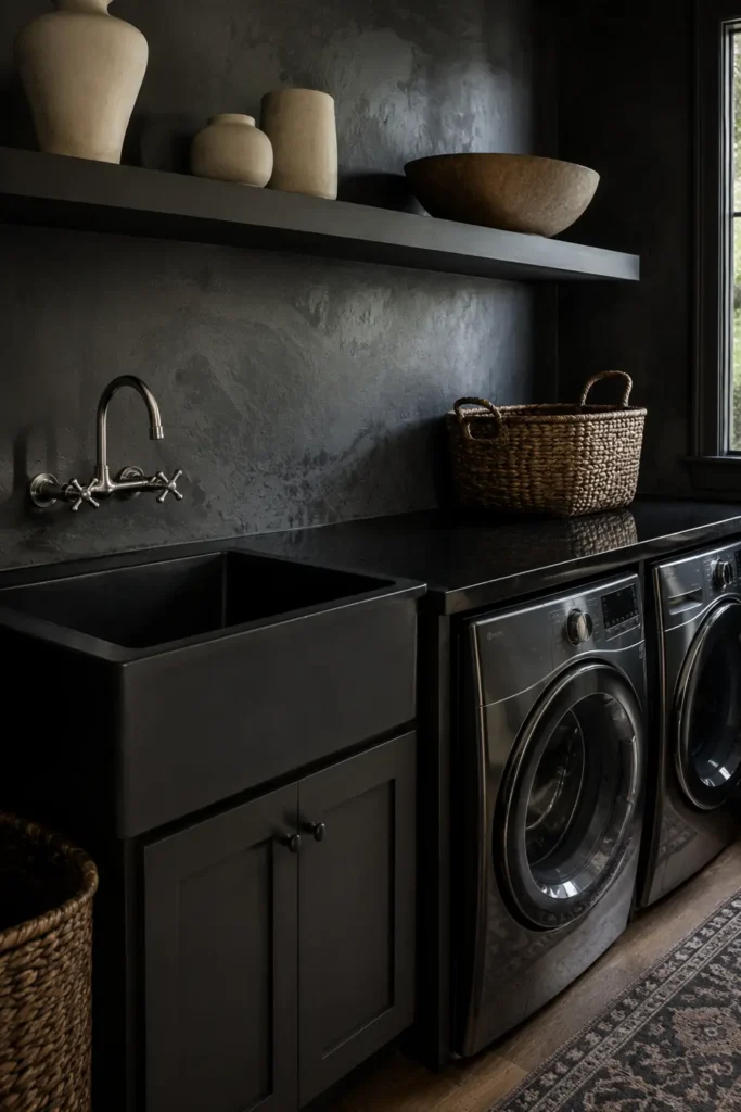 30 Modern Farmhouse Bathroom Decor Ideas for a Warm, Updated Space 3 Dark modern farmhouse utility room with textured plaster walls, a matte black sink, woven baskets, and a floating shelf.