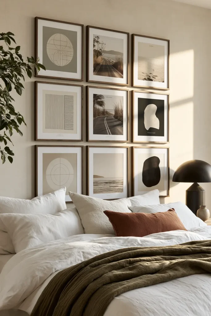 30 Master Bedroom Wall Decor Ideas for a More Personal Space 28 Three-by-three record-cover grid in muted teal, rust, cream, black, and olive above a bedroom bed.