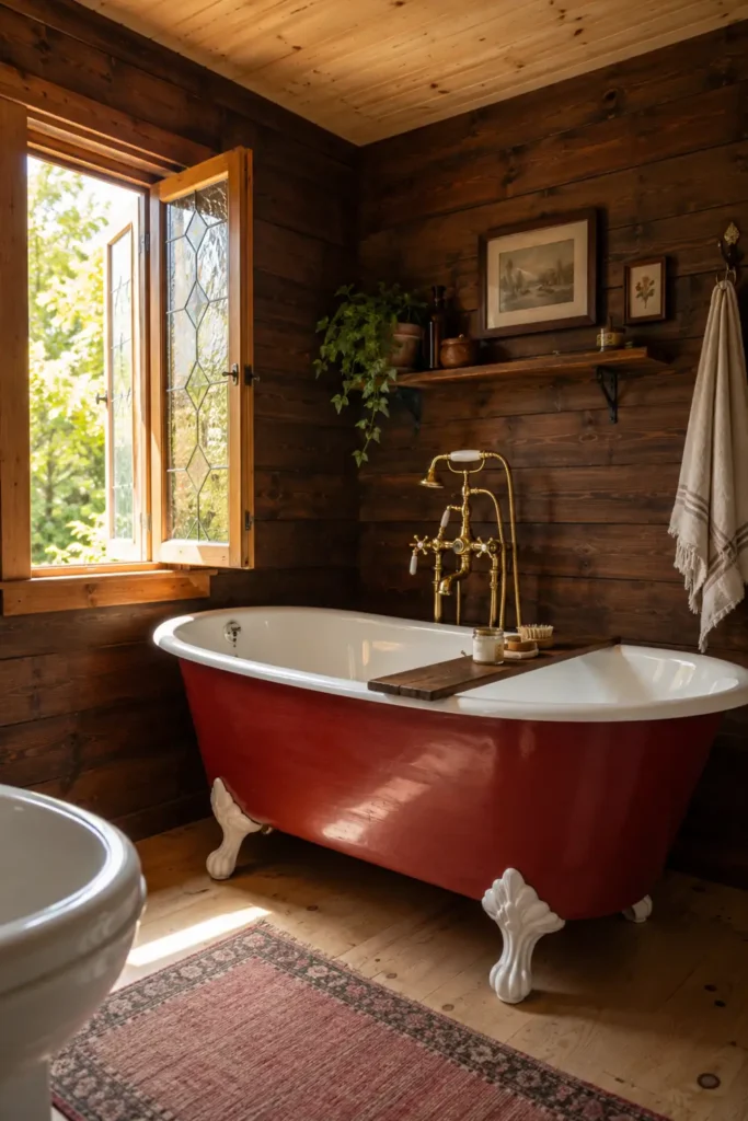 30 Modern Farmhouse Bathroom Decor Ideas for a Warm, Updated Space 4 Rustic modern farmhouse bathroom with a red clawfoot tub, dark wood walls, pale wood floor, and brass tub filler.
