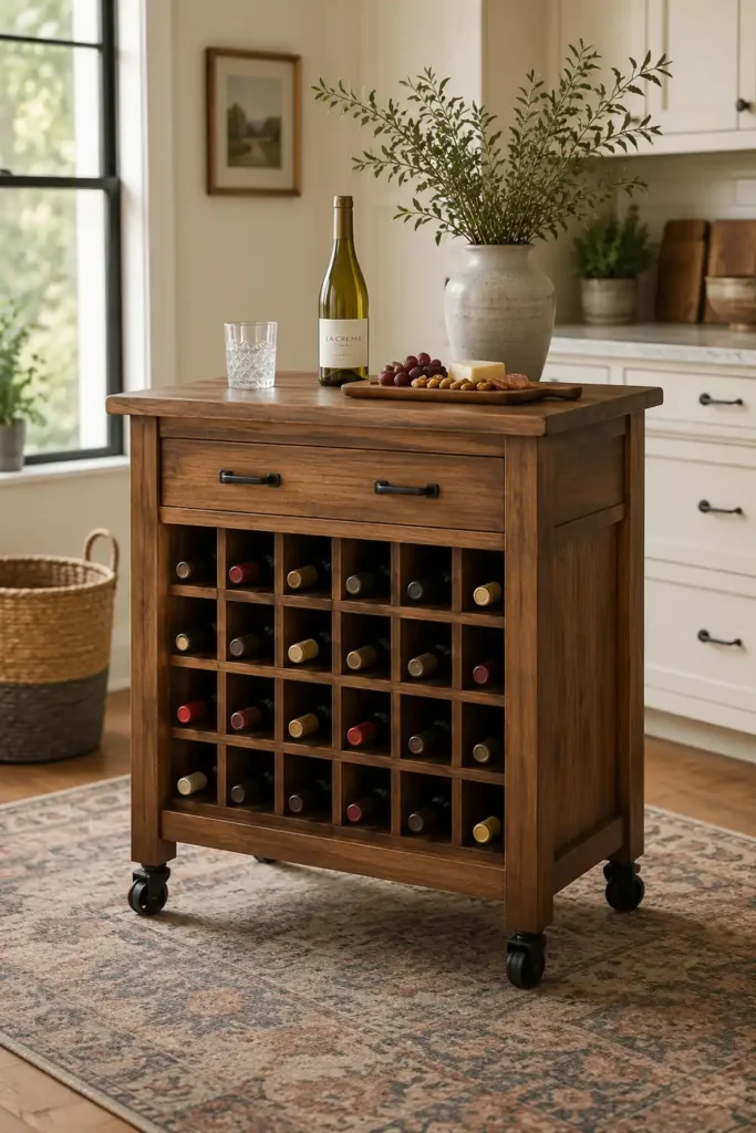 18 Kitchen Island Decor Ideas for Every Layout 13 Medium-brown rolling kitchen cart with lattice wine storage, bottles, serving pieces, leafy branches, and black casters.