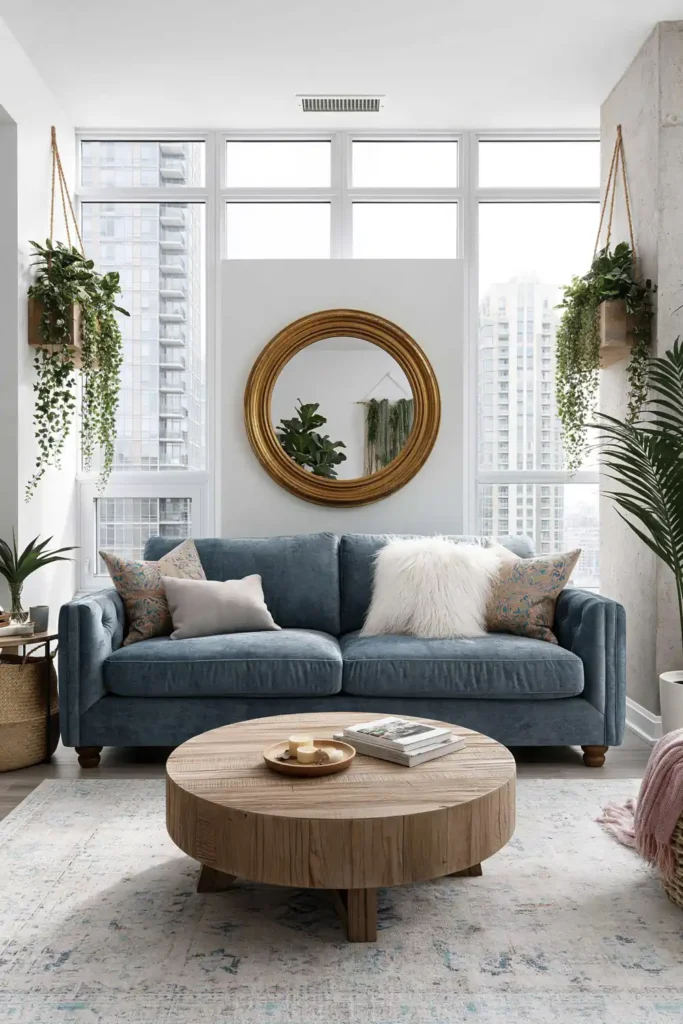 23 Living Room Wall Decor Ideas Above the Couch for a Stylish Sofa Wall 5 Teal velvet sofa with a round brass mirror and wall-mounted planters above it