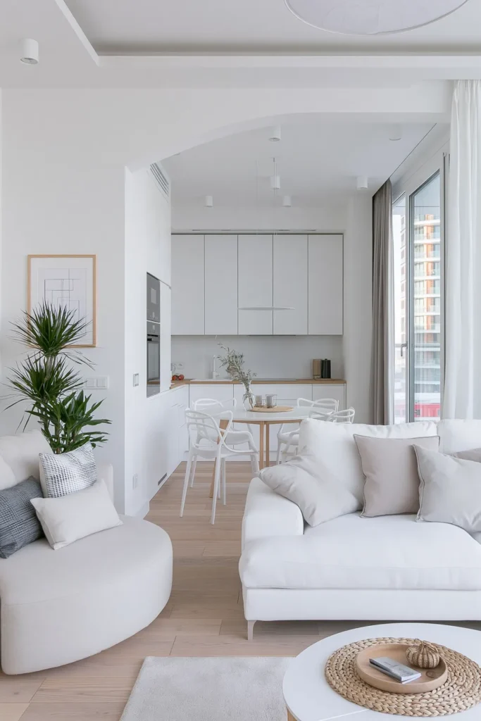 Small Dining Room Ideas for Apartments That Make Every Corner Count 2 Small apartment dining room with a compact round table, slim white chairs, pale wood flooring, and an open walkway near the kitchen.