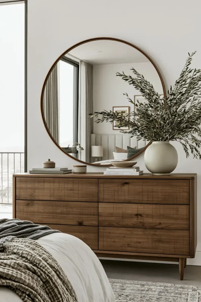 30 Master Bedroom Wall Decor Ideas for a More Personal Space 14 Large round statement mirror above a walnut bedroom dresser reflecting a window, bed, and framed wall art.