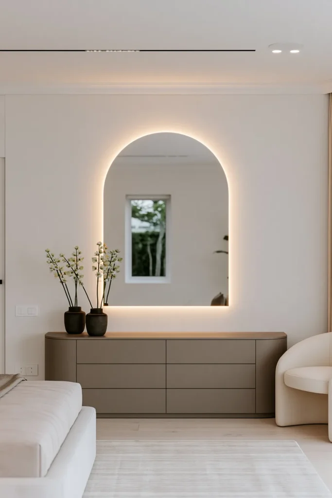 24 Bedroom Lighting Ideas for a Comfortable and Stylish Space 13 Rounded backlit mirror glowing above curved taupe dressers in an elegant bedroom.