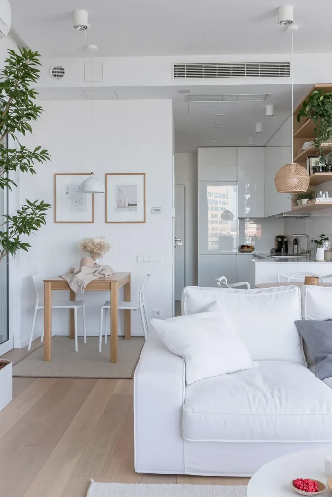 Small Dining Room Ideas for Apartments That Make Every Corner Count 8 Open-plan apartment with a small dining table defined by a neutral rug, white sofa, pale wood flooring, and simple wall decor.