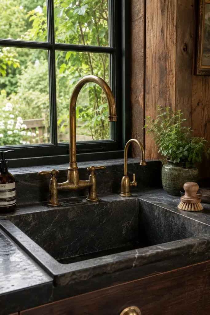 Modern Farmhouse Kitchen Decor Ideas for a Warm and Practical Home 9 Rustic modern farmhouse kitchen sink with dark stone countertop, aged brass faucets, wood paneling, and greenery outside.