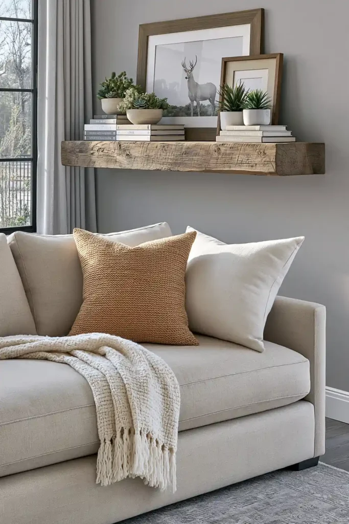23 Living Room Wall Decor Ideas Above the Couch for a Stylish Sofa Wall 4 Rustic wood floating shelf above a beige sofa with succulents and books