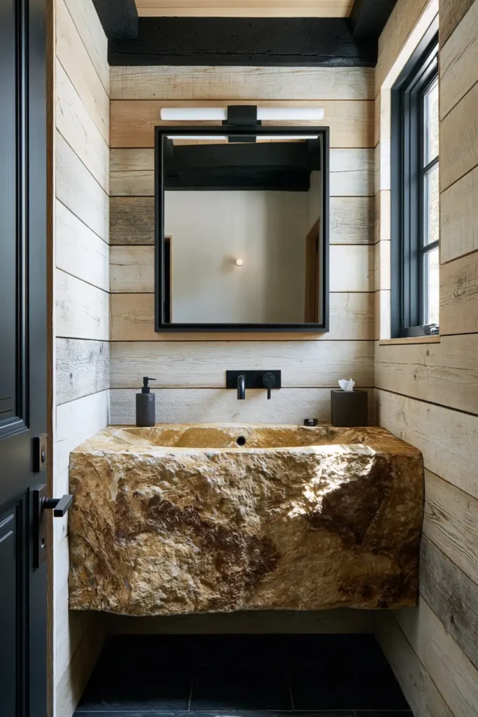 30 Modern Farmhouse Bathroom Decor Ideas for a Warm, Updated Space 20 Rustic farmhouse powder room with pale wood walls, a rough stone trough sink, black fixtures, and a tall framed mirror.