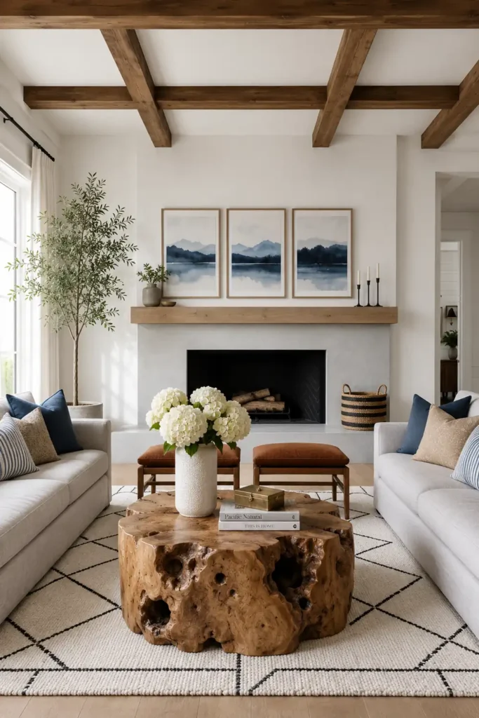7 Modern Farmhouse Living Room Decor Ideas for a Warm, Relaxed Space 6 Modern farmhouse living room with exposed wood beams, a pale wood fireplace mantel, sculptural wooden coffee table, gray sofas, and a geometric rug.