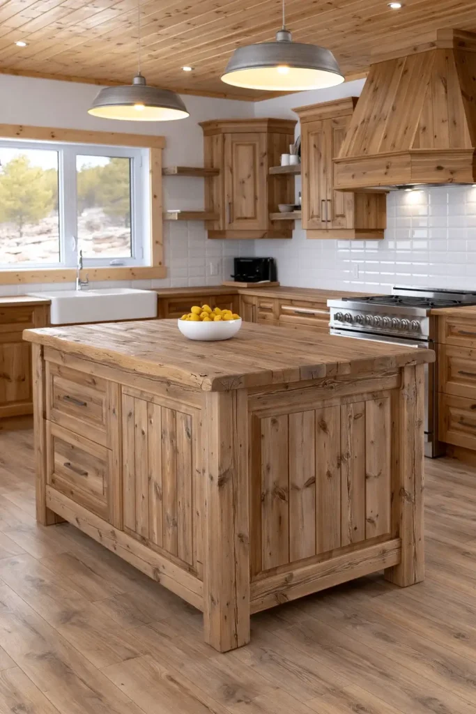18 Kitchen Island Decor Ideas for Every Layout 8 Rustic wood block kitchen island with weathered grain, plank sides, yellow fruit, farmhouse sink, wood range hood, and warm pendants.