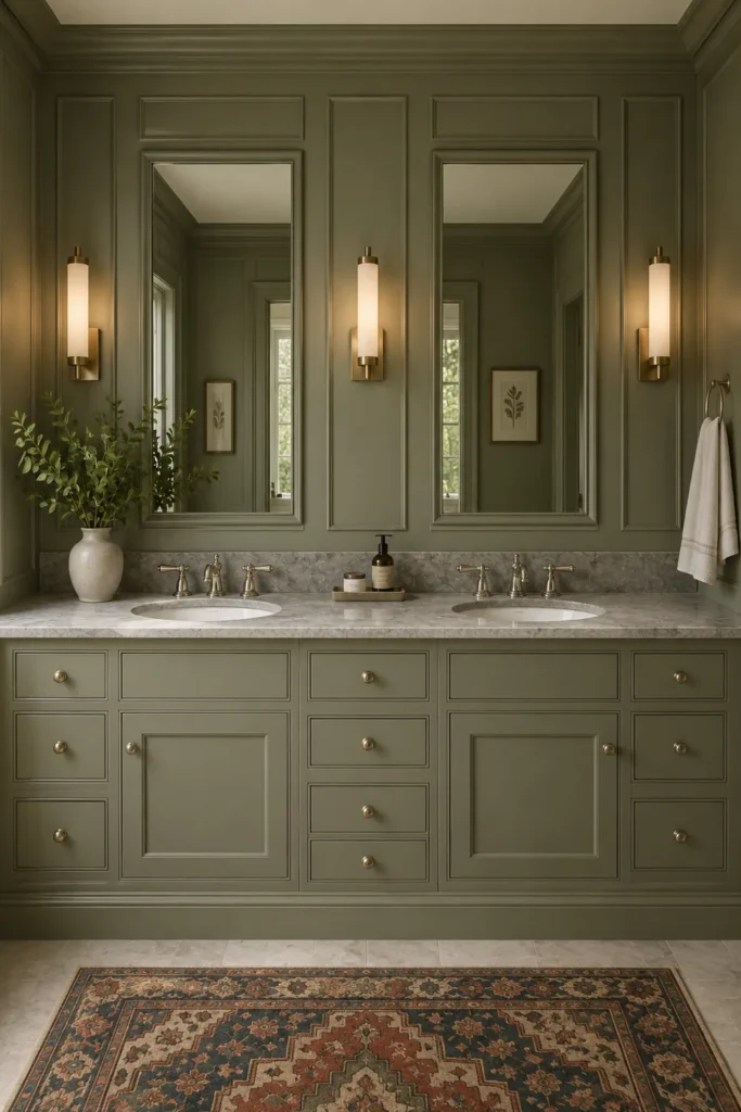30 Modern Farmhouse Bathroom Decor Ideas for a Warm, Updated Space 12 Sage-green farmhouse bathroom with a built-in double vanity, gray marble countertop, brass sconces, and tall mirrors.