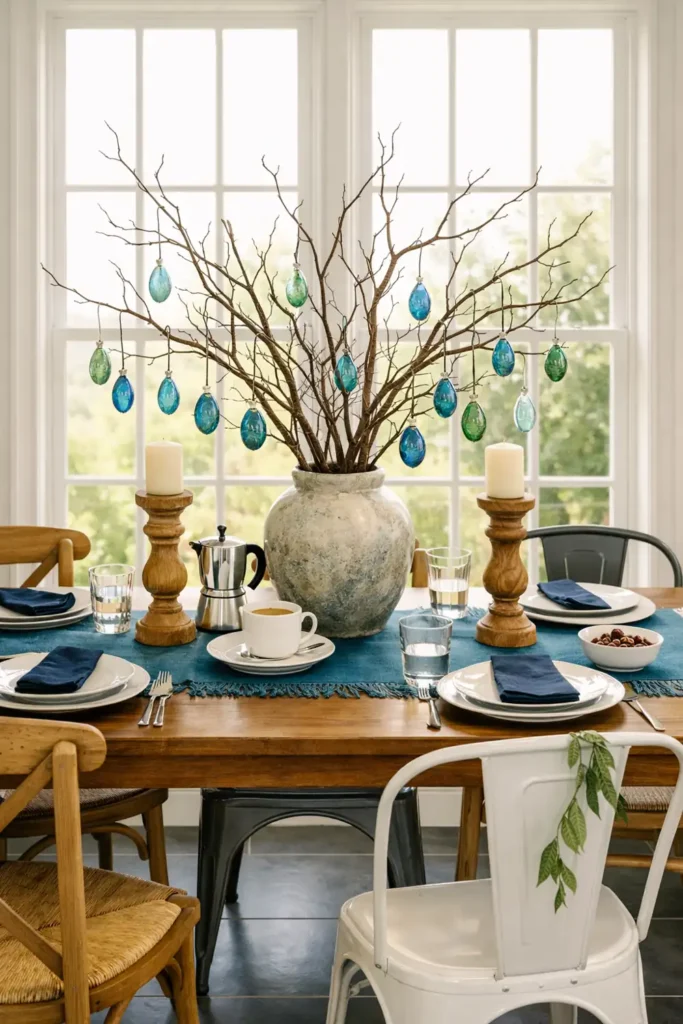 How to Style a Dining Table When Not in Use: 6 Decorative Ideas 7 Wooden dining table styled with twisting branches, blue and green glass ornaments, sculptural candlesticks, and a turquoise runner.