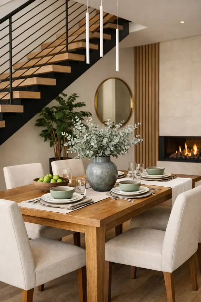 How to Style a Dining Table When Not in Use: 6 Decorative Ideas 2 Natural-wood dining table styled with silvery-green branches in a mottled vase, green fruit, pale tableware, and a white runner.