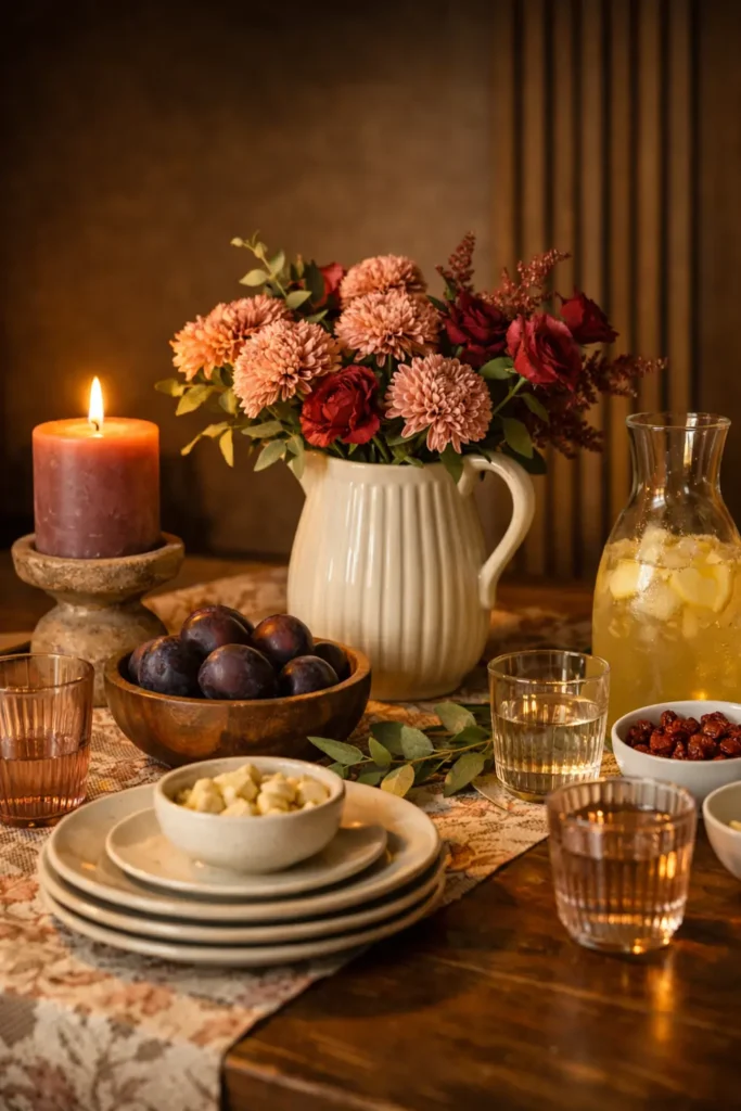 How to Style a Dining Table When Not in Use: 6 Decorative Ideas 3 Dining table with dusty-pink flowers, dark purple plums, mauve candlelight, layered cream plates, glasses, and leafy stems.