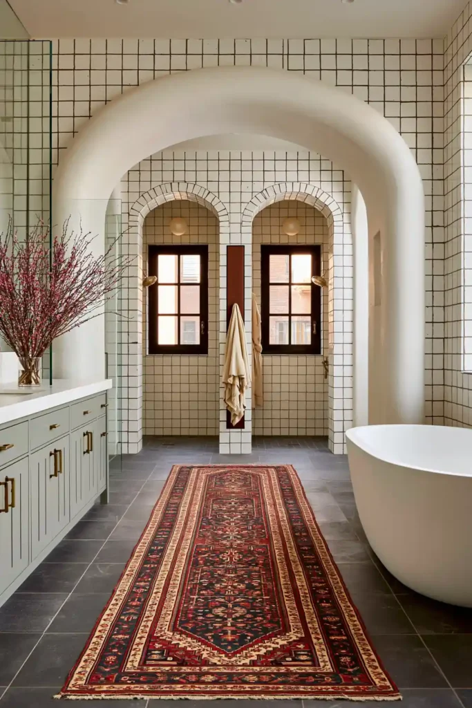 30 Modern Farmhouse Bathroom Decor Ideas for a Warm, Updated Space 25 Modern farmhouse bathroom with a separate white tub, arched dual shower area, blue-gray vanity, and patterned runner.