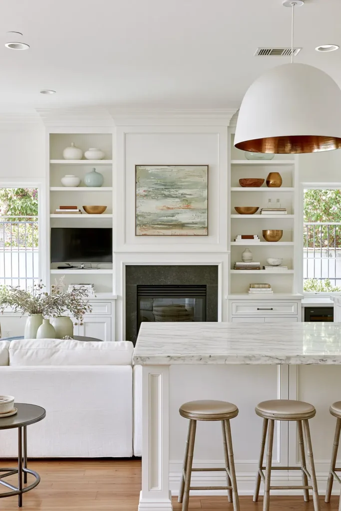 White open concept living room and kitchen with built-in shelving, a dark fireplace, marble-patterned island, and gold-accented pendant.