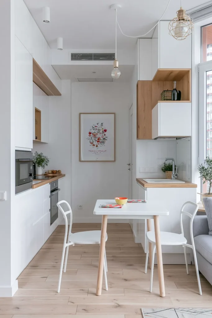 Small Dining Room Ideas for Apartments That Make Every Corner Count 13 Small apartment dining area with clean-lined white furniture, colorful wall art, a bright bowl, pale wood floors, and modern decor.