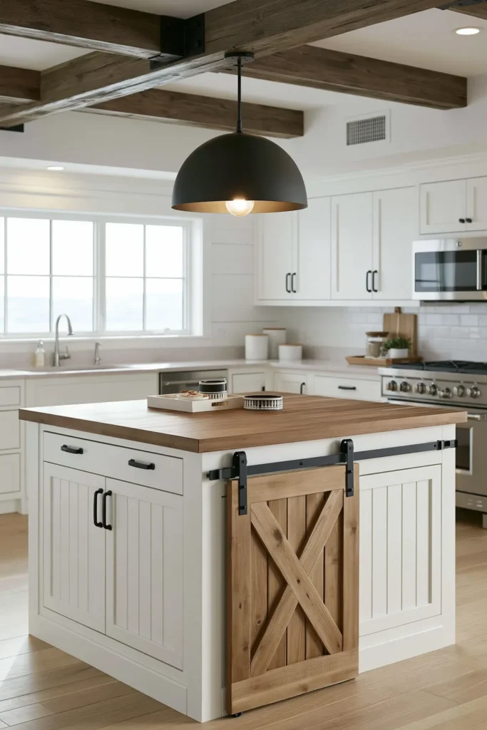 18 Kitchen Island Decor Ideas for Every Layout 4 White farmhouse kitchen island with a natural wood sliding barn door, black metal rail, wood countertop, and rustic storage details.
