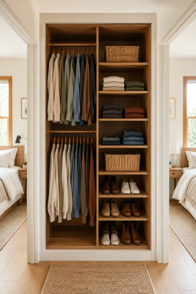 6 Small Bedroom Decorating Ideas to Utilize Space 6 Slim floor-to-ceiling bedroom wardrobe with warm wood shelves, organized neutral clothing, woven baskets, and shoe storage.