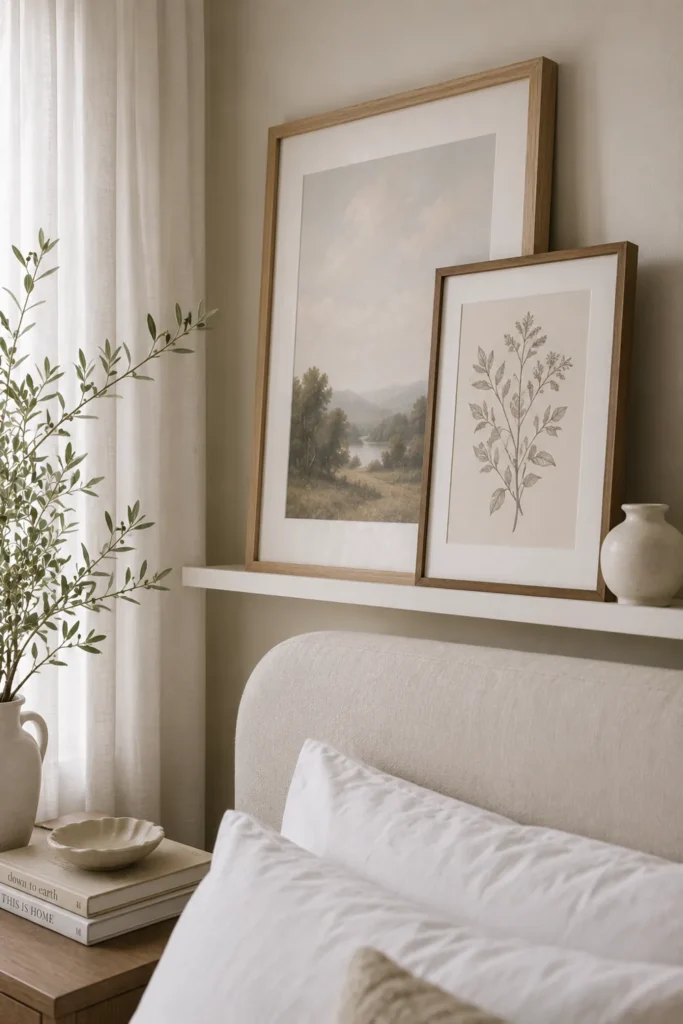 30 Master Bedroom Wall Decor Ideas for a More Personal Space 31 Slim white picture ledge with layered landscape and botanical artwork above a pale upholstered bedroom bed.